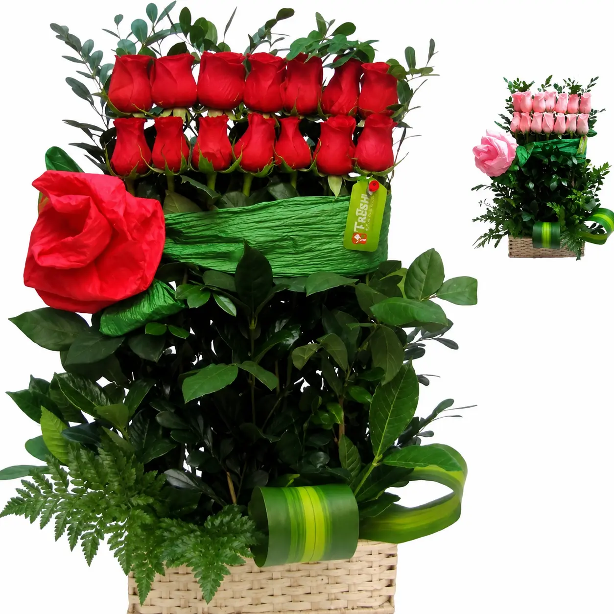 Arreglo floral con rosas rojas o rosadas en canasta de mimbre ideal para regalo elegante por cumpleaños aniversario o cualquier ocasión con entrega a domicilio en Lima